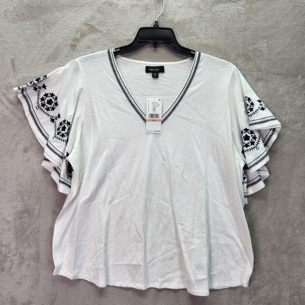 Karen Kane In The‎ Spirit Womens 2X White Embroidered Flutter Sleeve V Neck Top